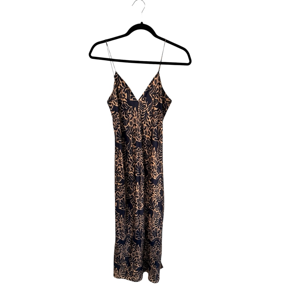 Cami Nyc Silk Gold Navy Print Slip Dress Size Medium With Spaghetti Straps